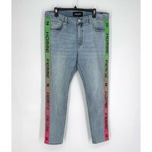 Homme + Femme NEW Tesla Skinny Blue Jeans Sz 38 Green Pink Gradient Logo Ribbon